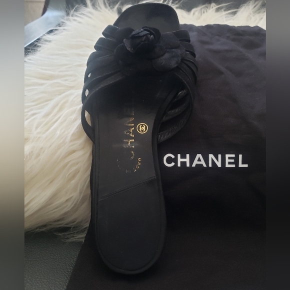💎CHANEL CAMELLIA FLOWER BLACK LEATHER SANDALS | SIZE EU 36 US 6 - Picture 4 of 12